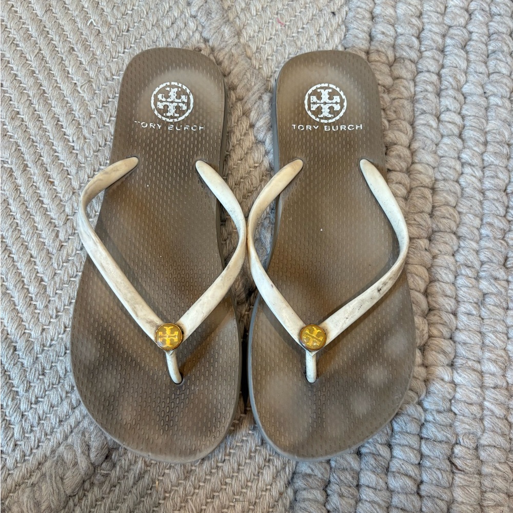 Tory Burch Brown Flip Flop Sandals with White Straps and Gold Logo